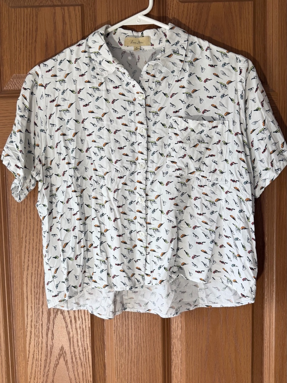 Love Notes White Short-Sleeve Button-Down Shirt with Multicolor Bird Print